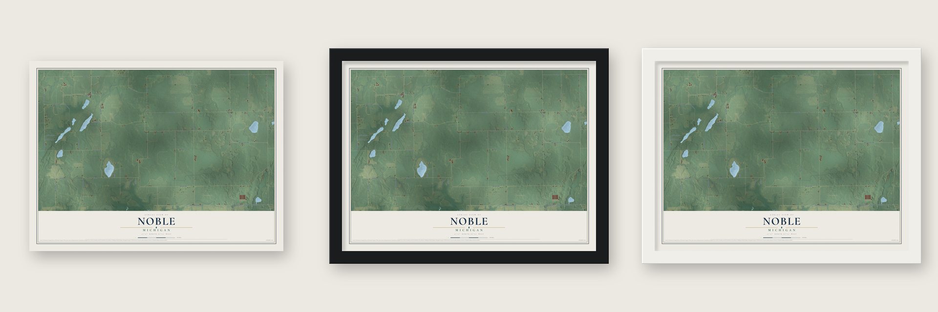 Noble, Michigan map unframed, in a black wood frame and in a white wood frame