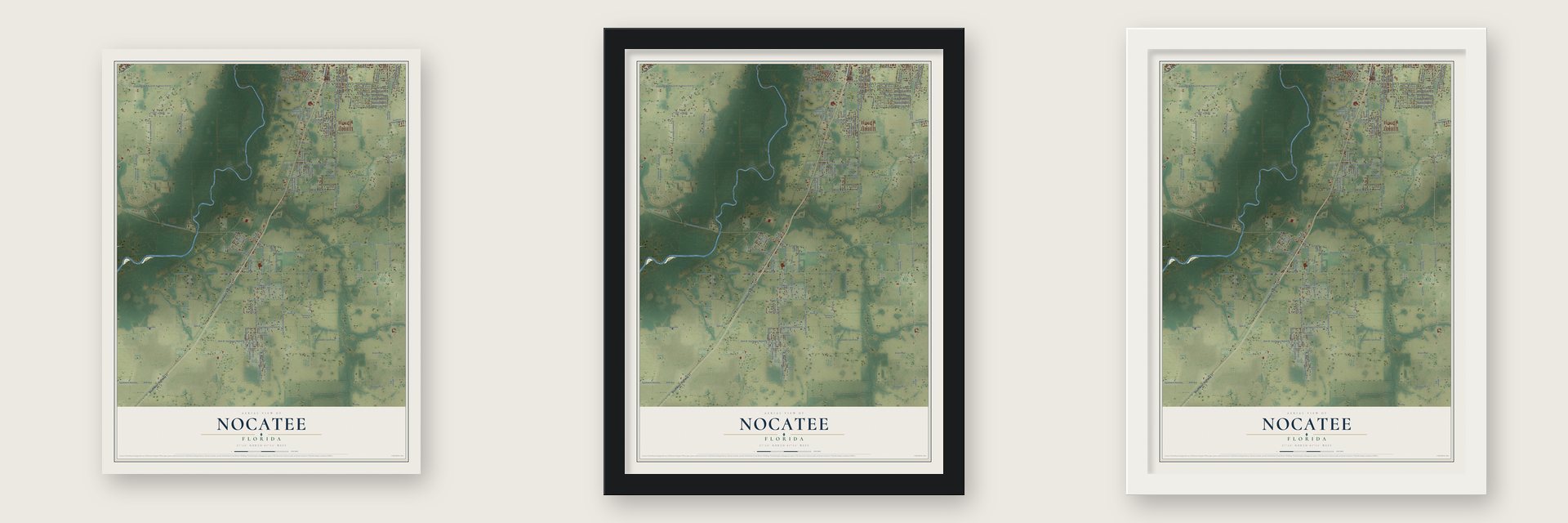 Nocatee, DeSoto County, Florida map unframed, in a black wood frame and in a white wood frame