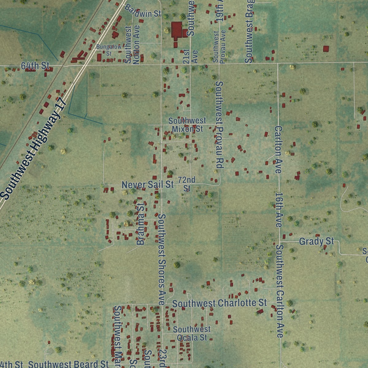 Second close-up of the map of Nocatee, DeSoto County, Florida print showing more streets and buildings