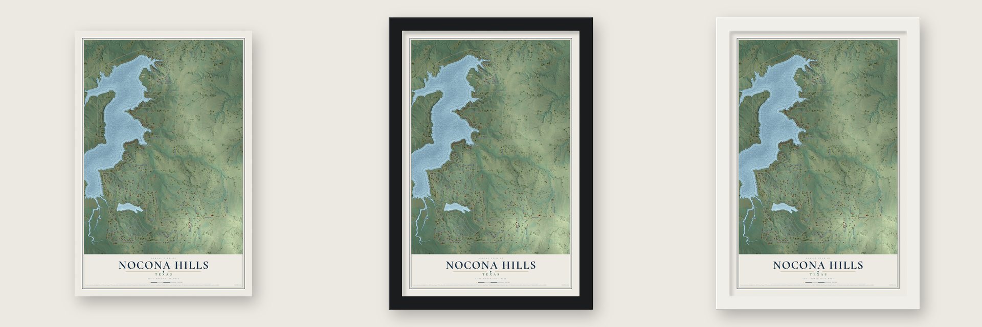 Nocona Hills, Texas map unframed, in a black wood frame and in a white wood frame