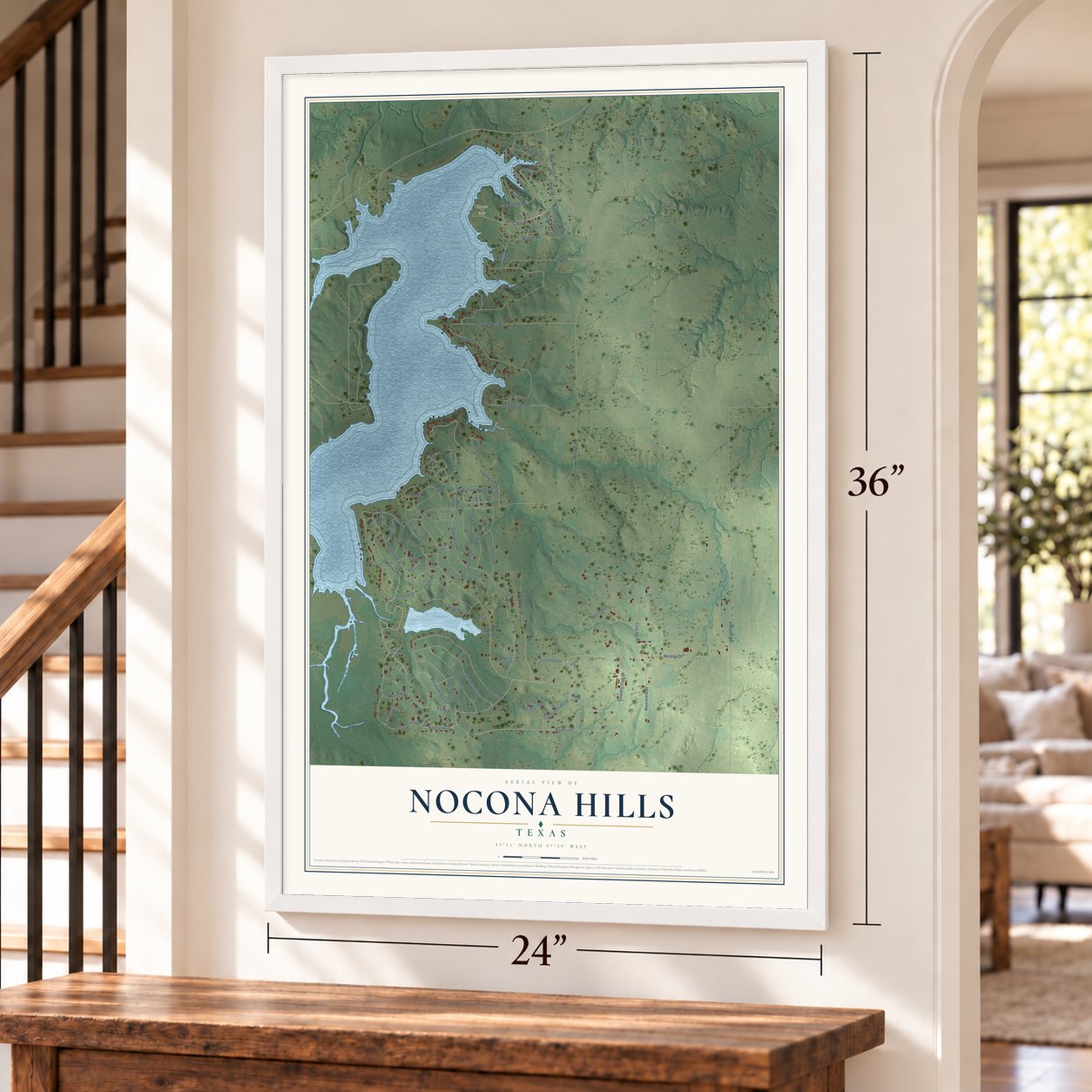 Nocona Hills, Texas map, 24 x 36 inch print in a white frame by a staircase