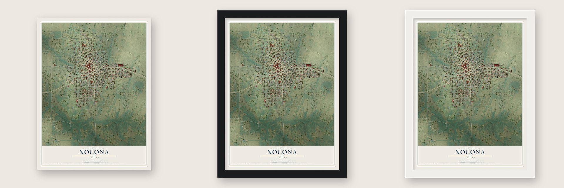 Nocona, Texas map unframed, in a black wood frame and in a white wood frame