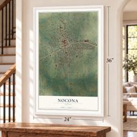 Nocona, Texas map, 24 x 36 inch print in a white frame by a staircase