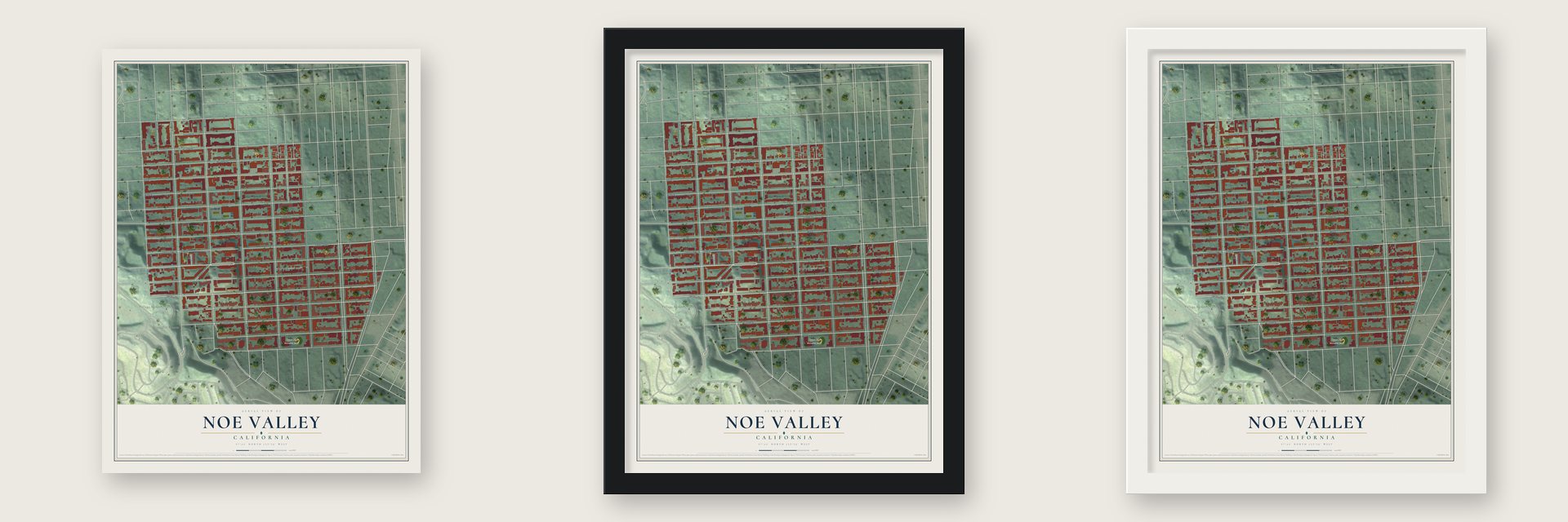 Noe Valley, California map unframed, in a black wood frame and in a white wood frame