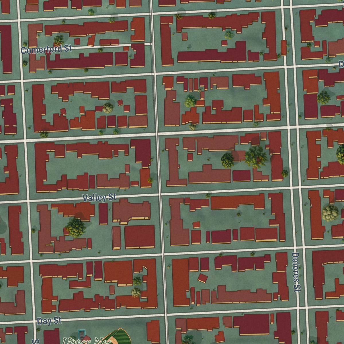 Second close-up of the map of Noe Valley, California print showing more streets and buildings