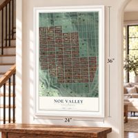 Noe Valley, California map, 24 x 36 inch print in a white frame by a staircase