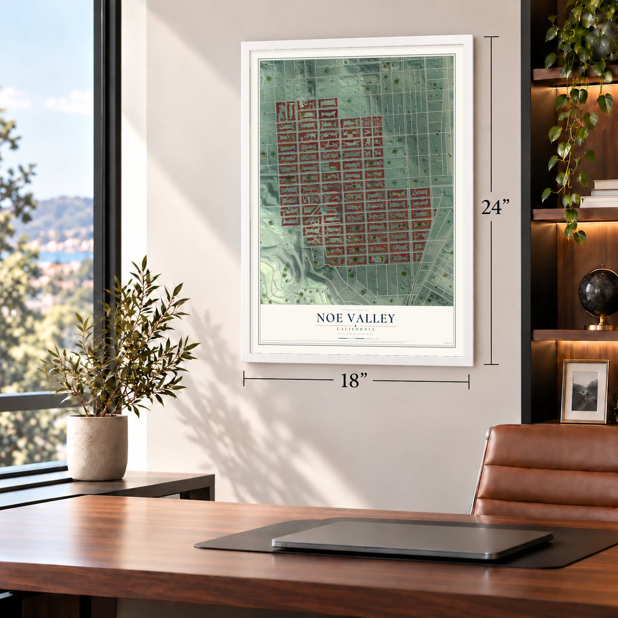 Noe Valley, California map, 18 x 24 inch print in a white frame in a home office