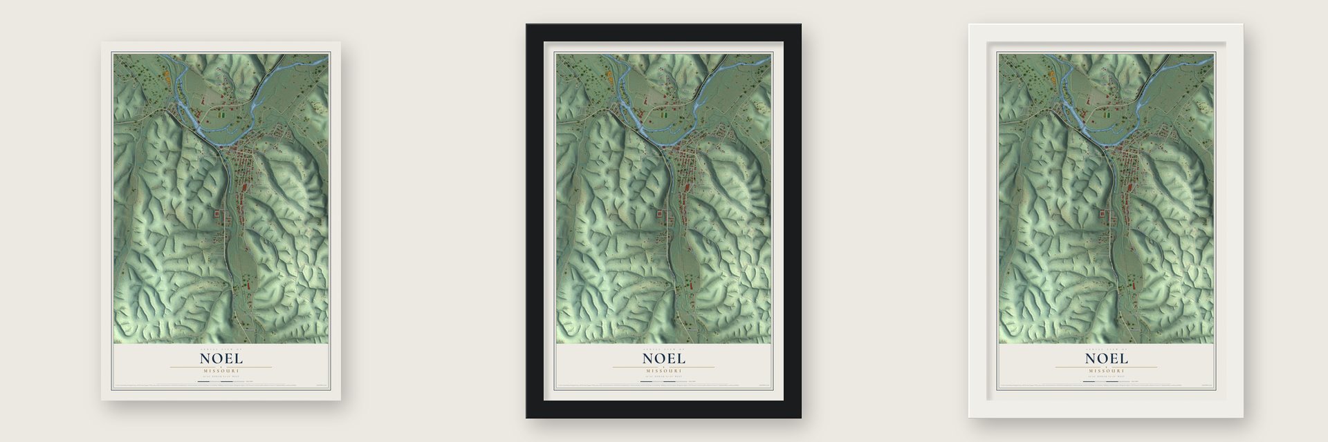 Noel, Missouri map unframed, in a black wood frame and in a white wood frame