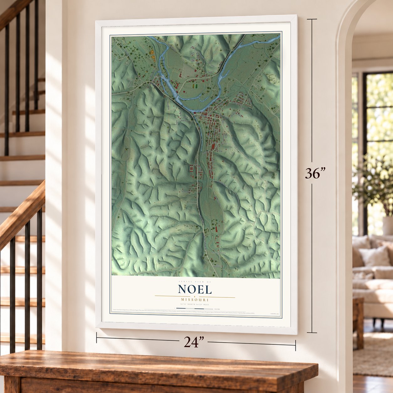 Noel, Missouri map, 24 x 36 inch print in a white frame by a staircase