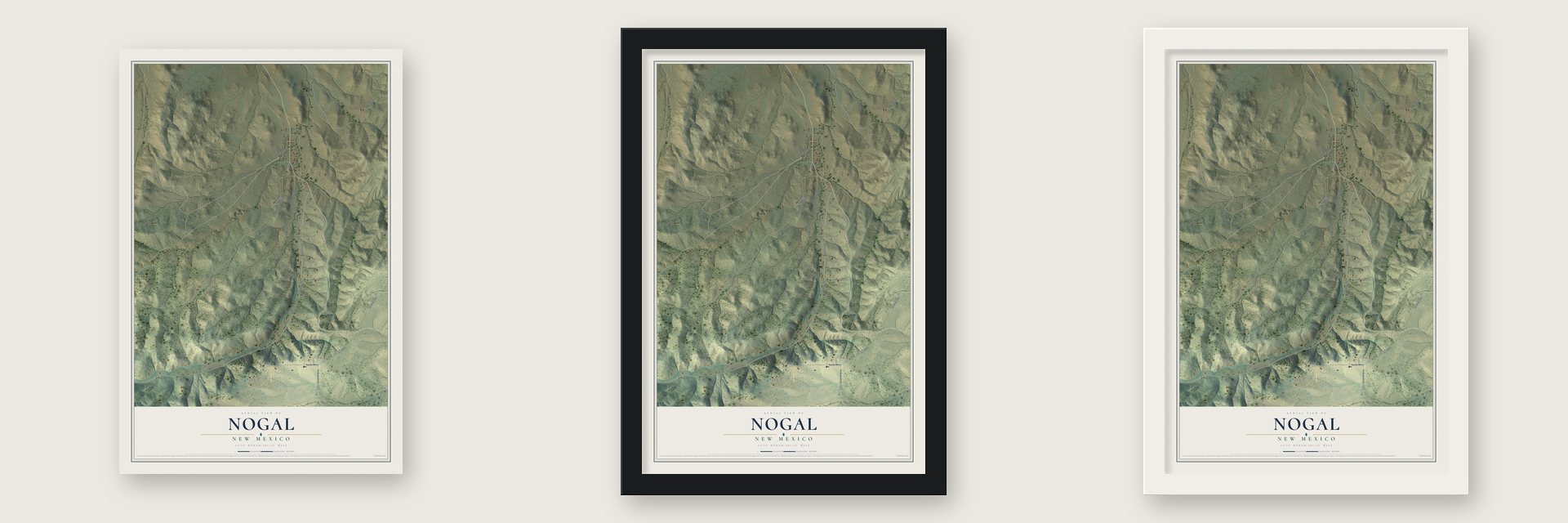 Nogal, New Mexico map unframed, in a black wood frame and in a white wood frame