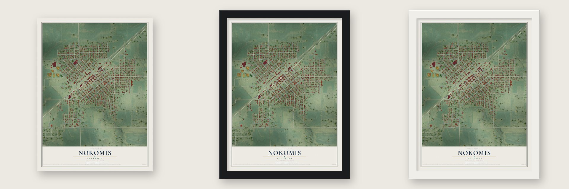 Nokomis, Illinois map unframed, in a black wood frame and in a white wood frame