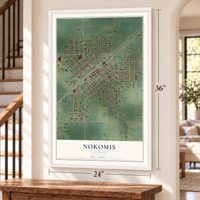 Nokomis, Illinois map, 24 x 36 inch print in a white frame by a staircase