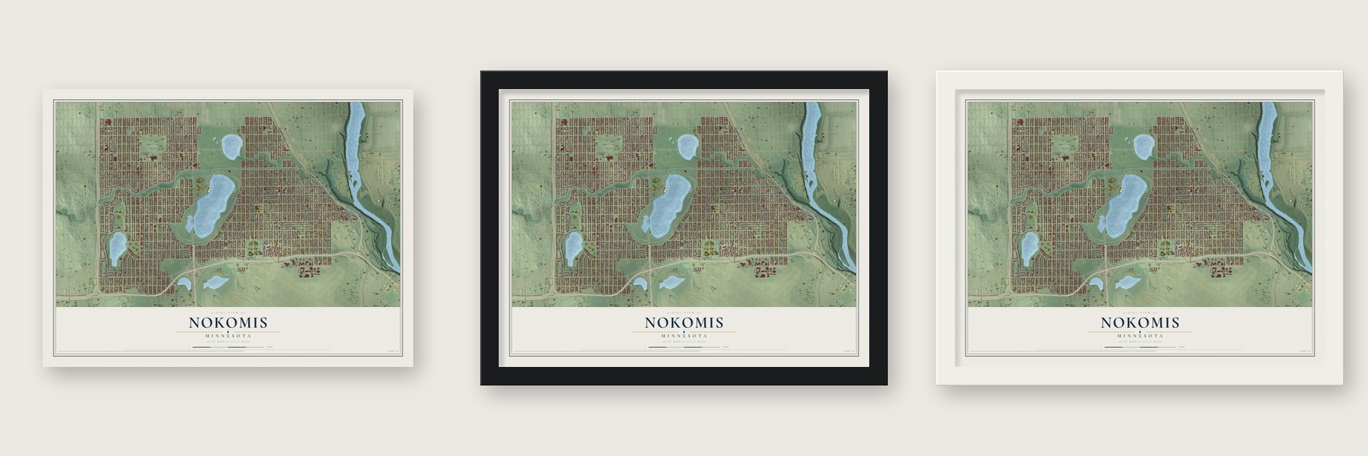 Nokomis, Minnesota map unframed, in a black wood frame and in a white wood frame