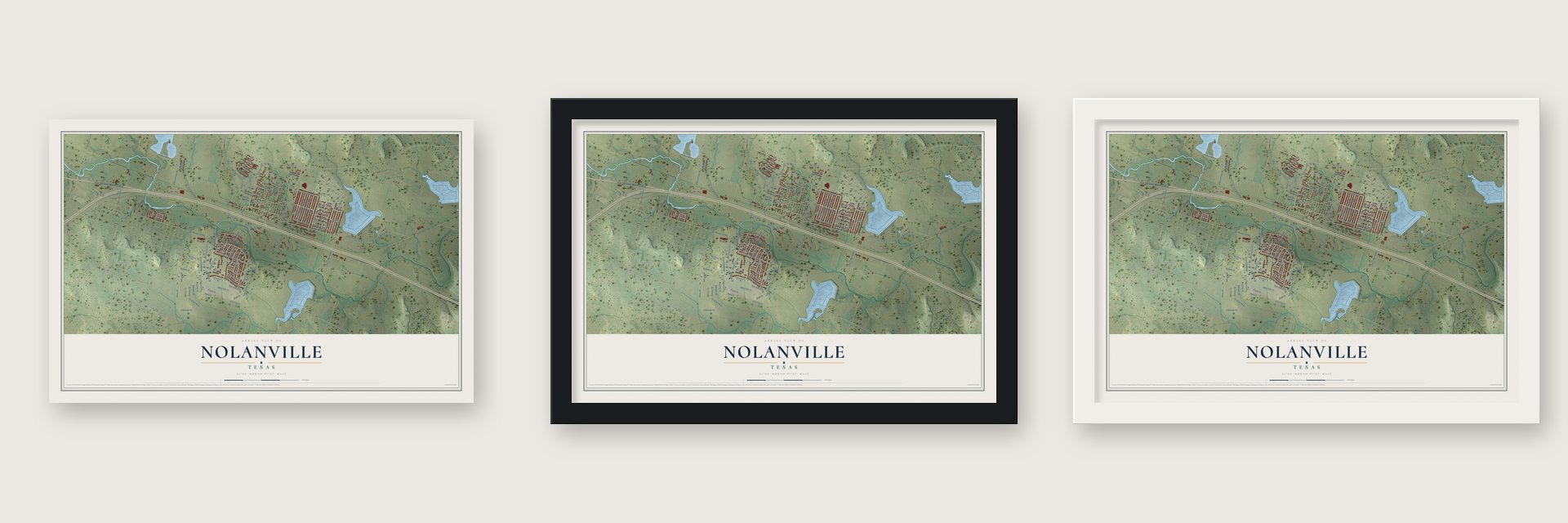 Nolanville, Texas map unframed, in a black wood frame and in a white wood frame