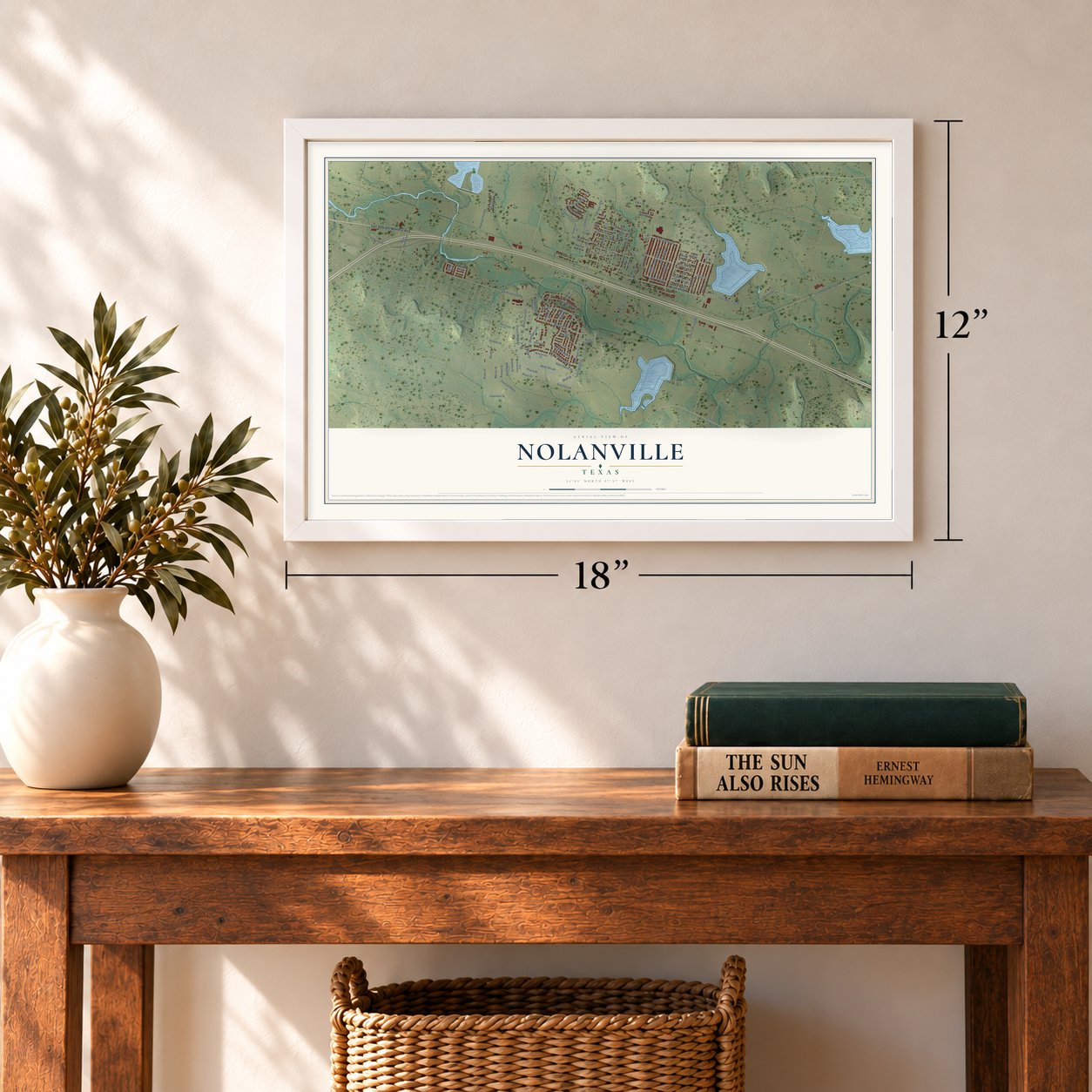 Nolanville, Texas map, 12 x 18 inch print in a white frame in an entryway