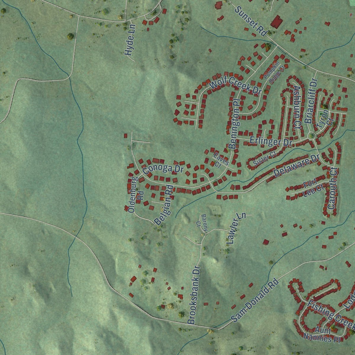 Second close-up of the map of Nolensville, Tennessee print showing more streets and buildings
