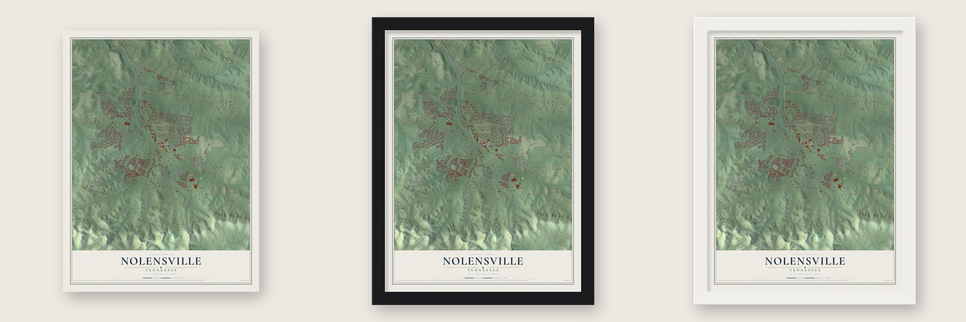 Nolensville, Tennessee map unframed, in a black wood frame and in a white wood frame