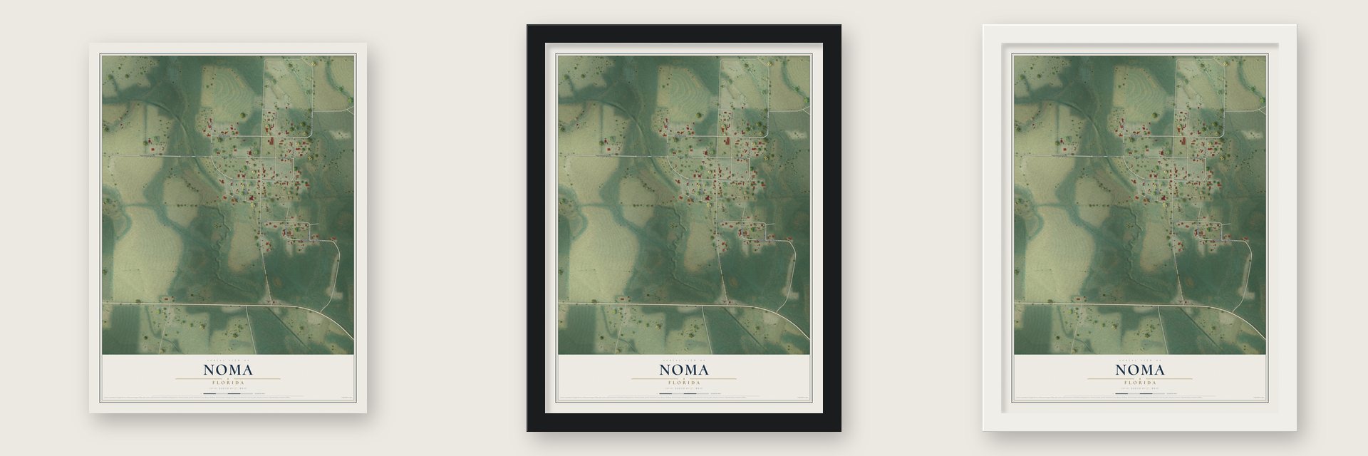 Noma, Florida map unframed, in a black wood frame and in a white wood frame