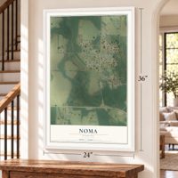 Noma, Florida map, 24 x 36 inch print in a white frame by a staircase