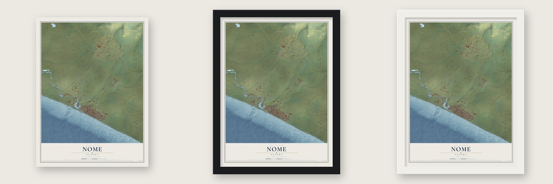 Nome, Alaska map unframed, in a black wood frame and in a white wood frame