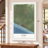 Nome, Alaska map, 24 x 36 inch print in a white frame by a staircase