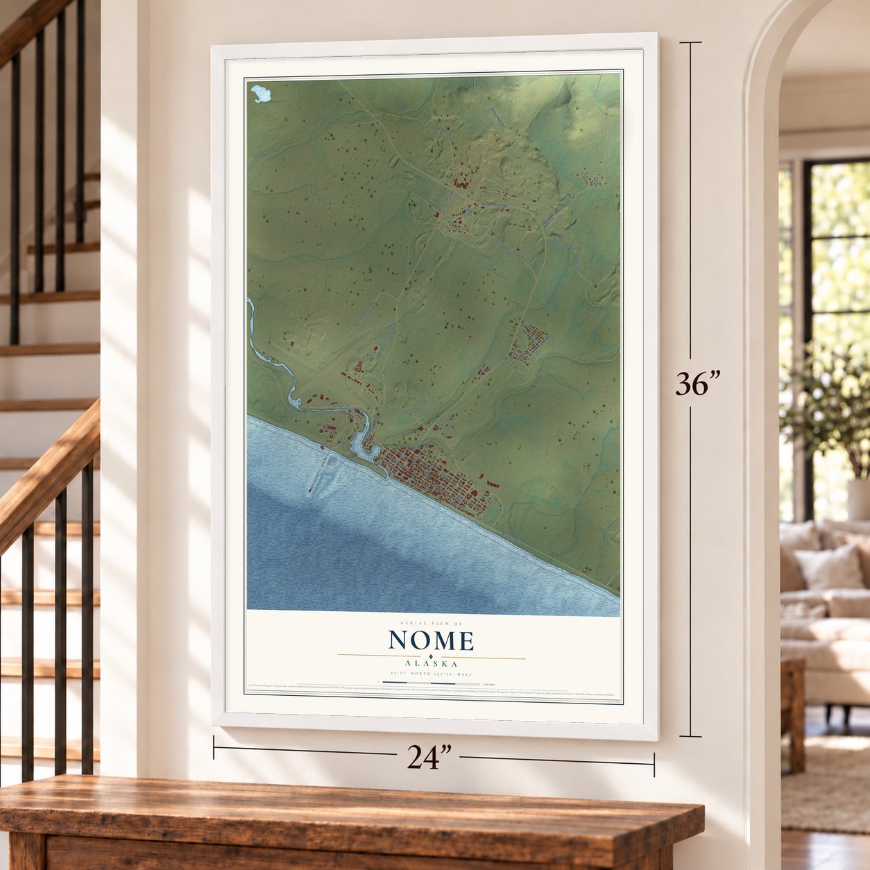 Nome, Alaska map, 24 x 36 inch print in a white frame by a staircase