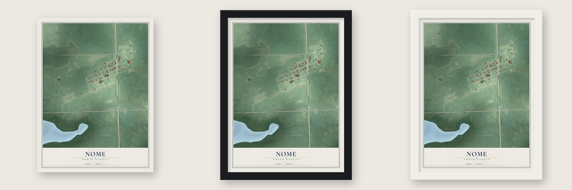 Nome, North Dakota map unframed, in a black wood frame and in a white wood frame
