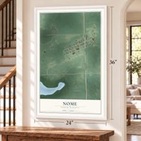Nome, North Dakota map, 24 x 36 inch print in a white frame by a staircase