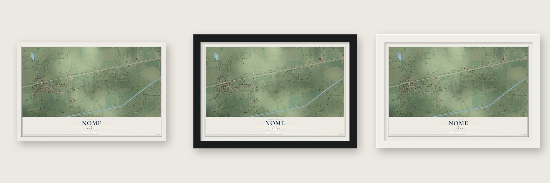 Nome, Texas map unframed, in a black wood frame and in a white wood frame