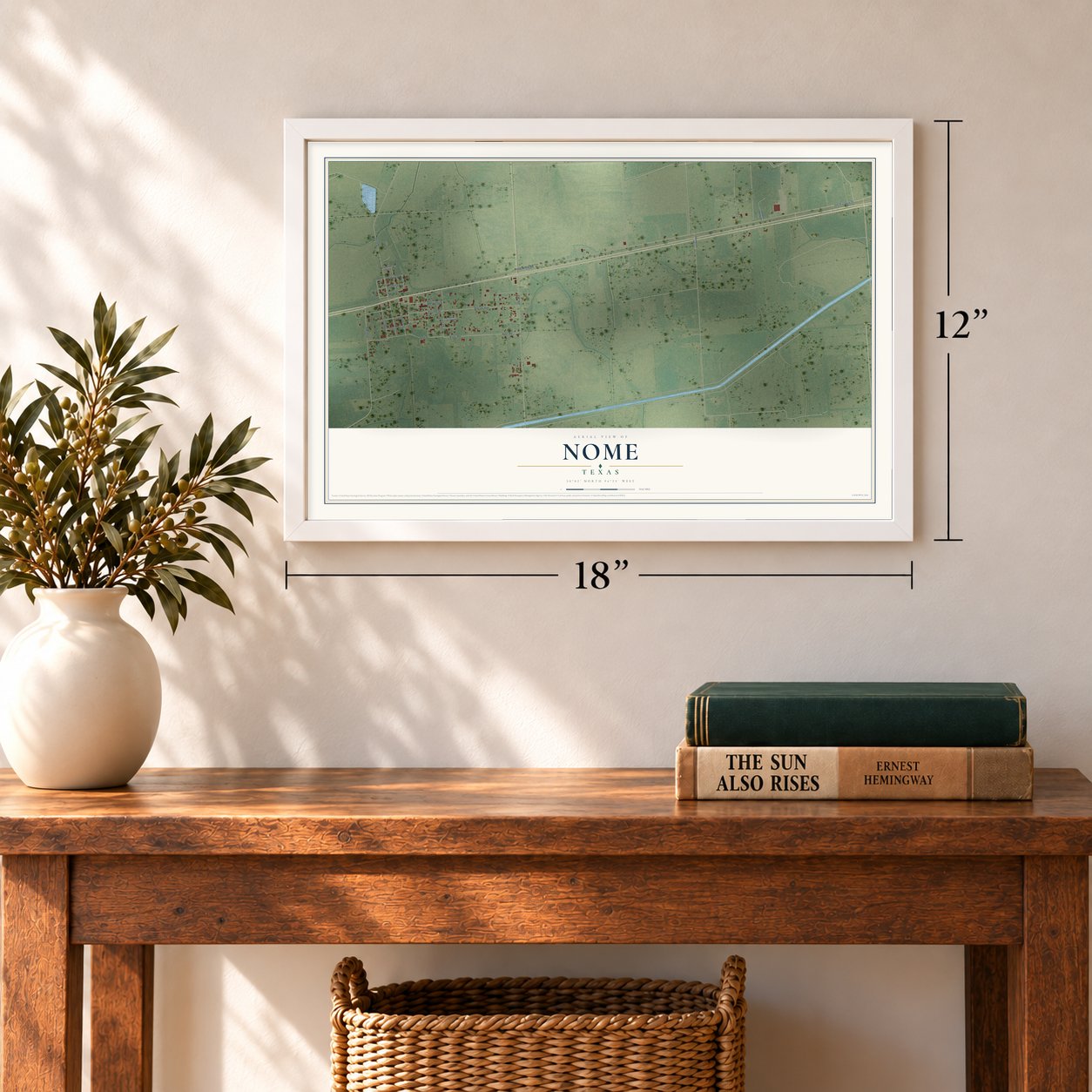 Nome, Texas map, 12 x 18 inch print in a white frame in an entryway