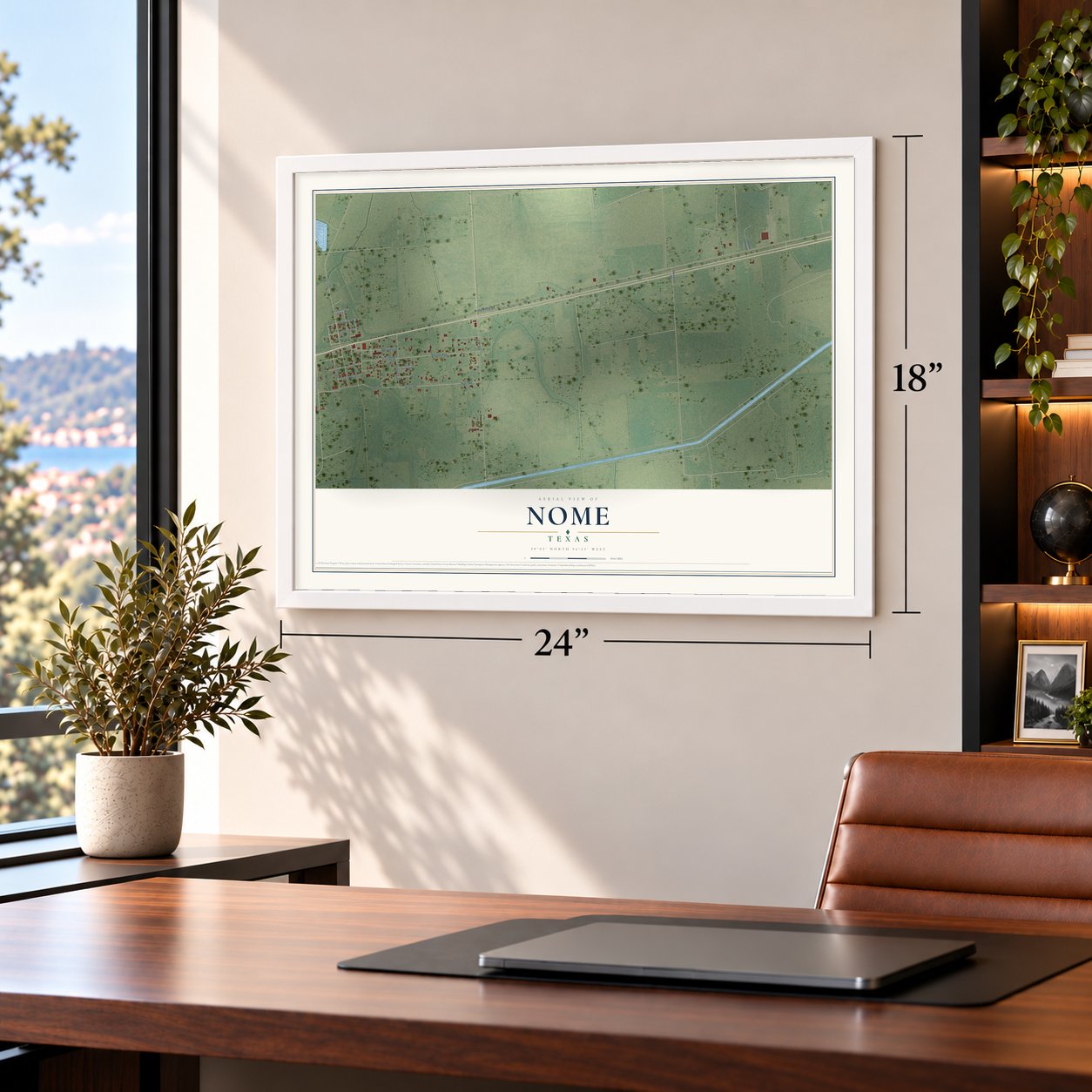 Nome, Texas map, 18 x 24 inch print in a white frame in a home office