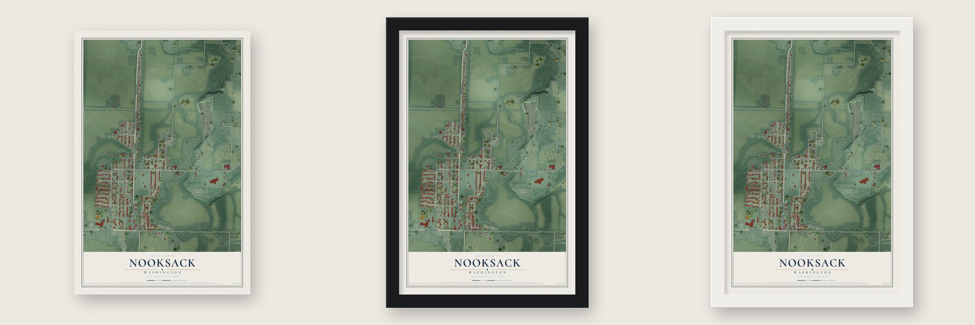 Nooksack, Washington map unframed, in a black wood frame and in a white wood frame