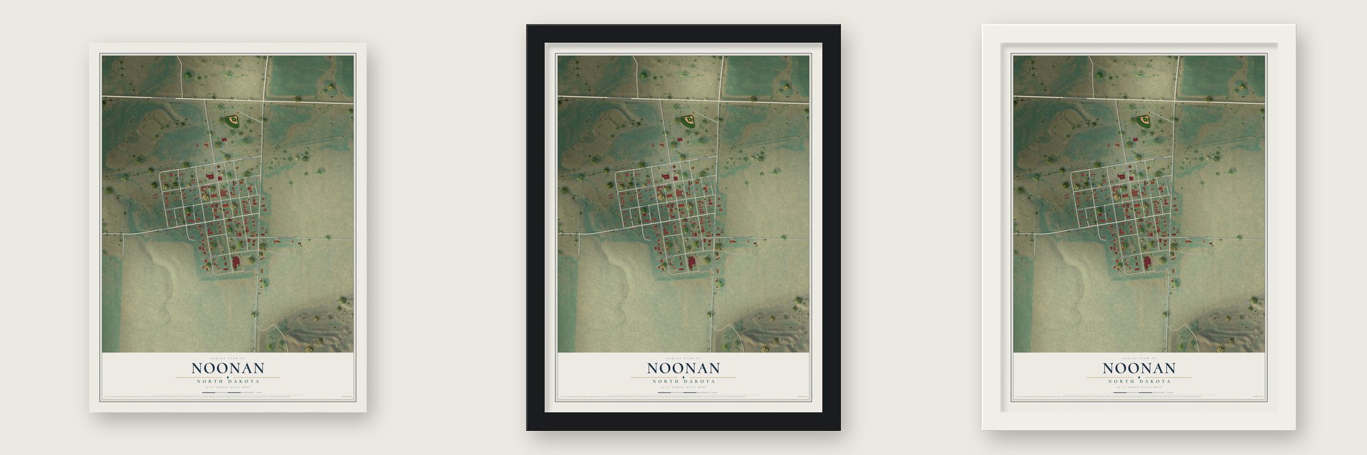 Noonan, North Dakota map unframed, in a black wood frame and in a white wood frame