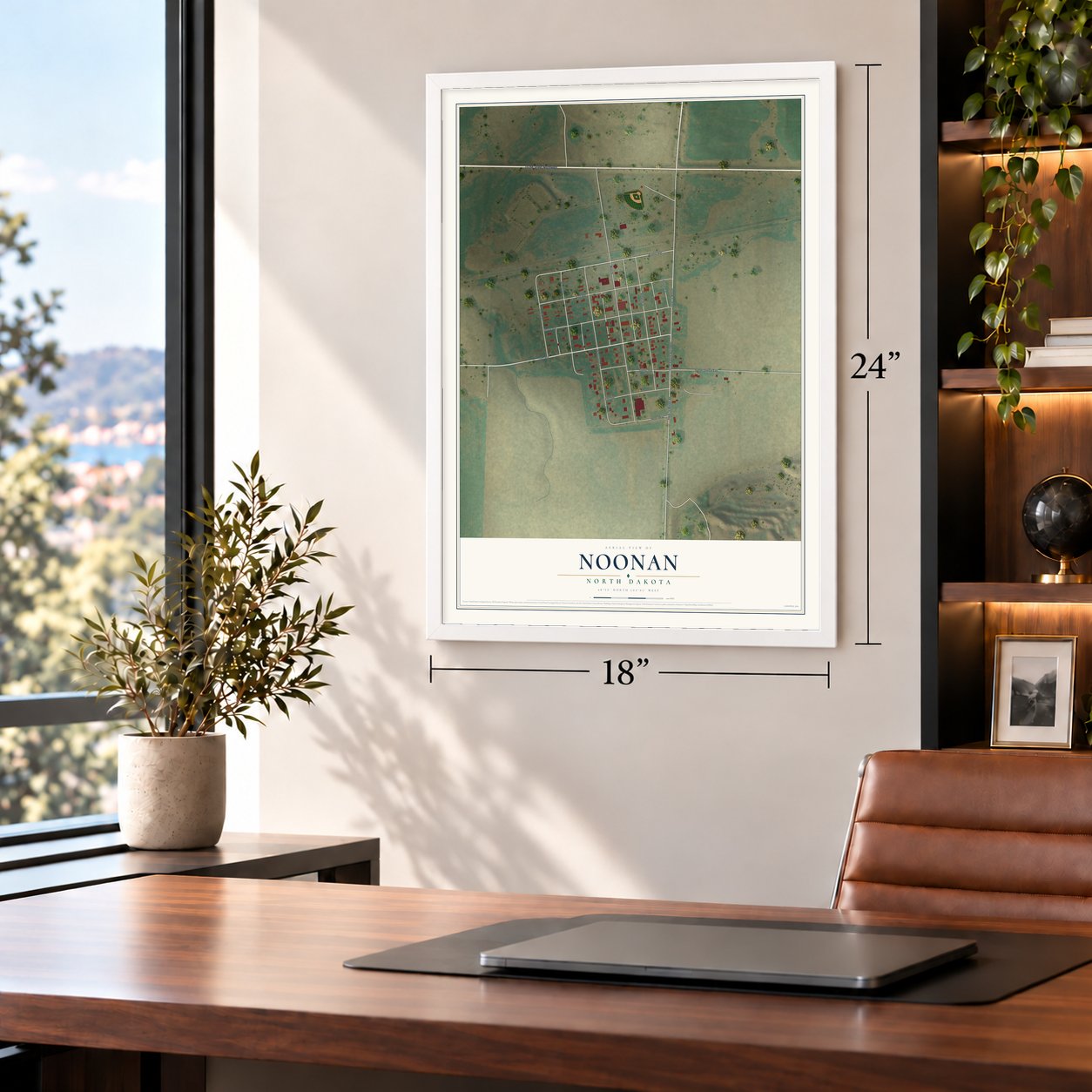Noonan, North Dakota map, 18 x 24 inch print in a white frame in a home office