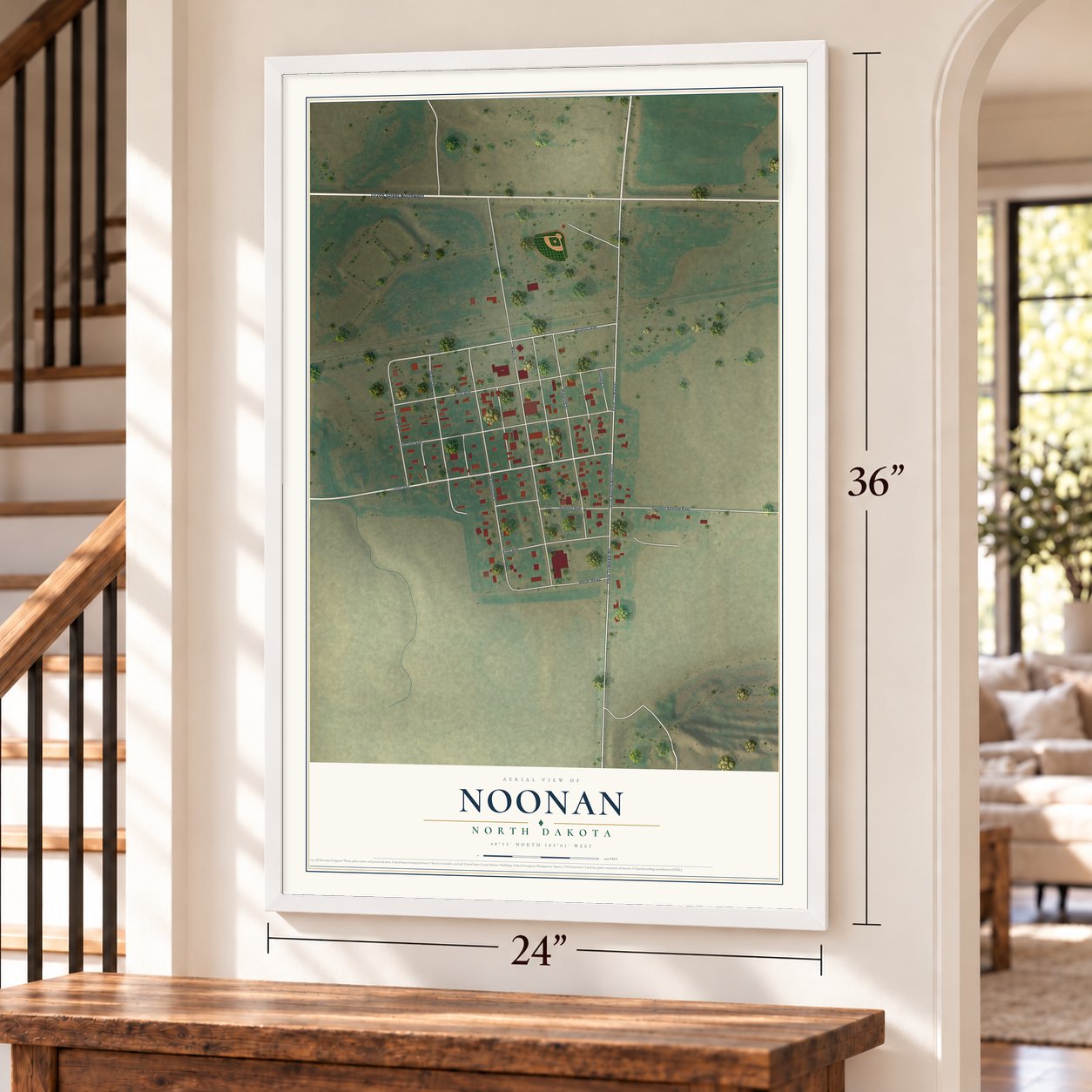 Noonan, North Dakota map, 24 x 36 inch print in a white frame by a staircase