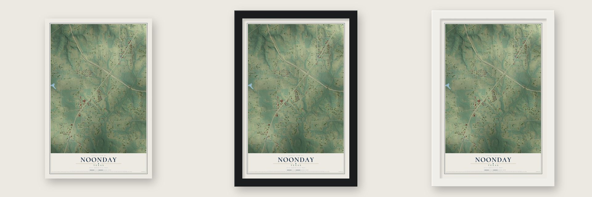 Noonday, Texas map unframed, in a black wood frame and in a white wood frame