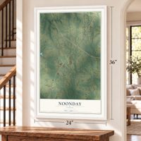 Noonday, Texas map, 24 x 36 inch print in a white frame by a staircase