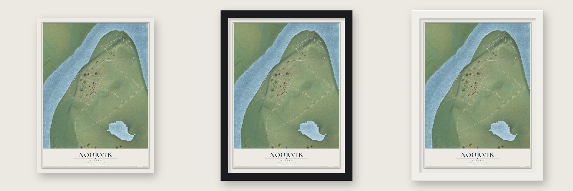 Noorvik, Alaska map unframed, in a black wood frame and in a white wood frame
