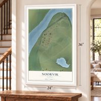 Noorvik, Alaska map, 24 x 36 inch print in a white frame by a staircase
