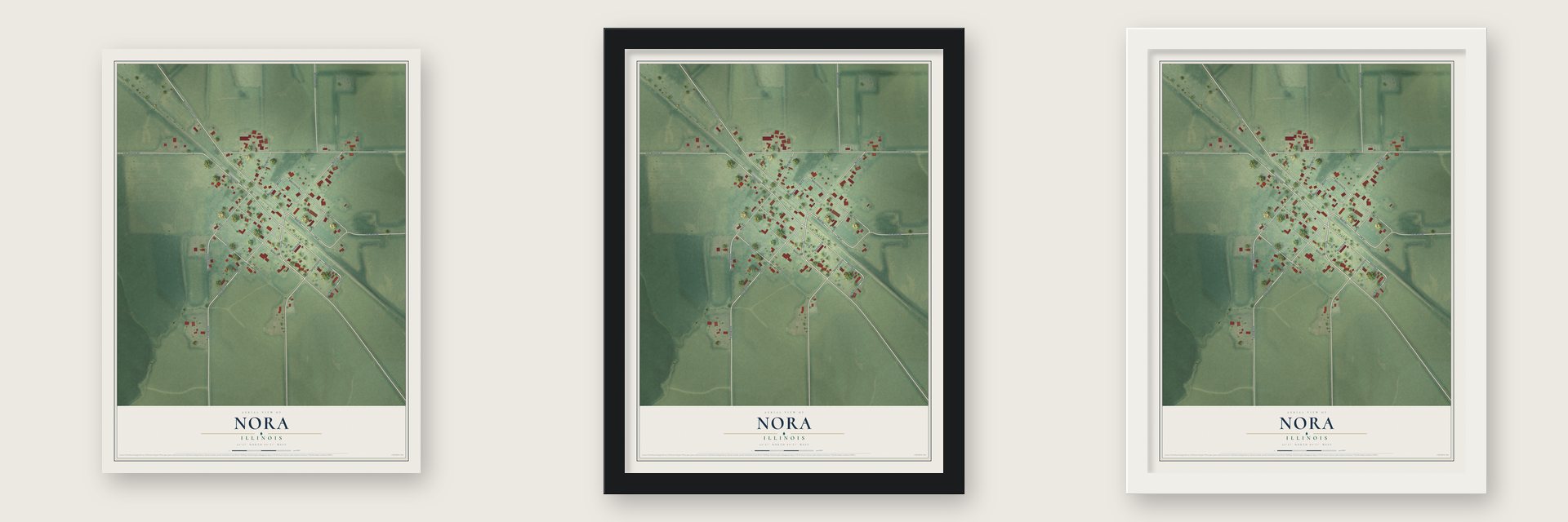 Nora, Illinois map unframed, in a black wood frame and in a white wood frame