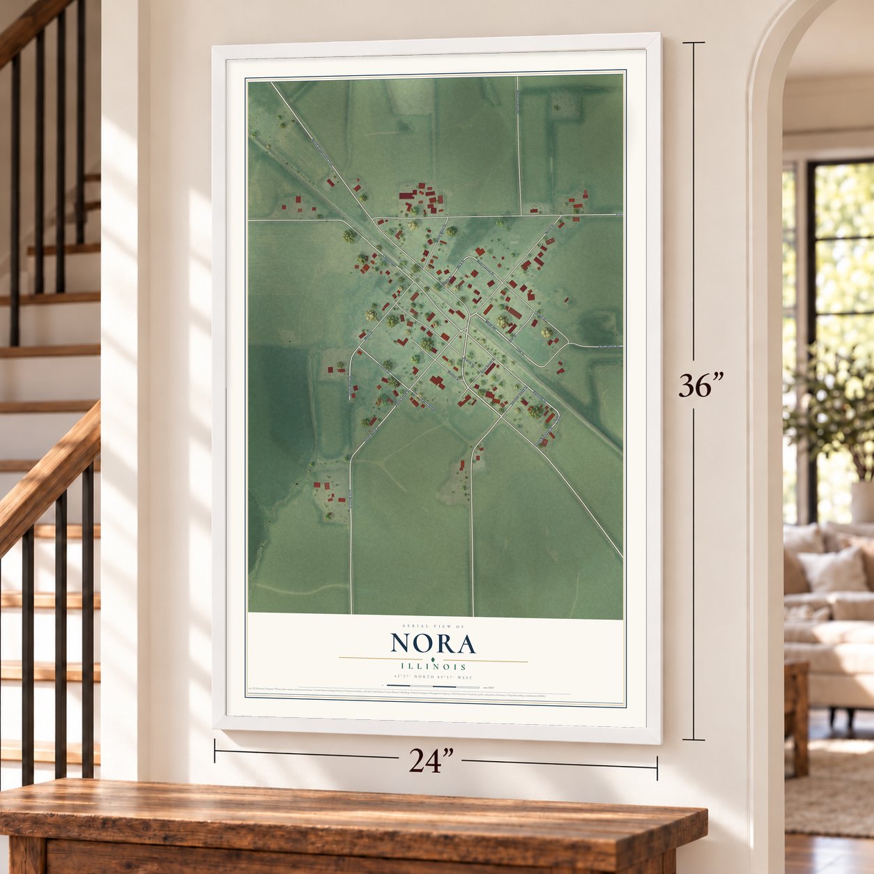 Nora, Illinois map, 24 x 36 inch print in a white frame by a staircase