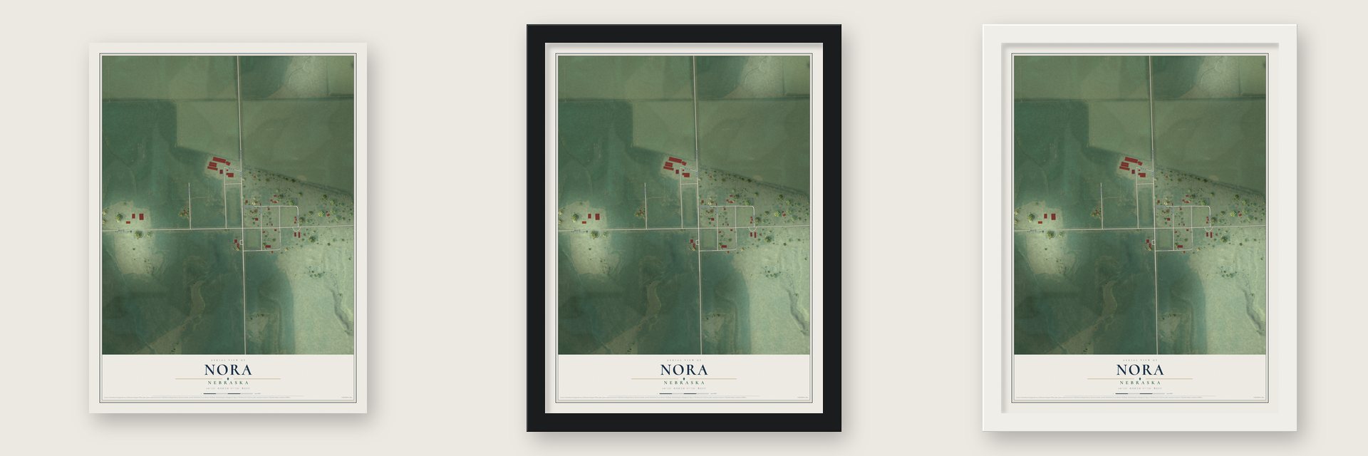 Nora, Nebraska map unframed, in a black wood frame and in a white wood frame