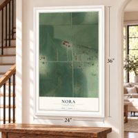 Nora, Nebraska map, 24 x 36 inch print in a white frame by a staircase