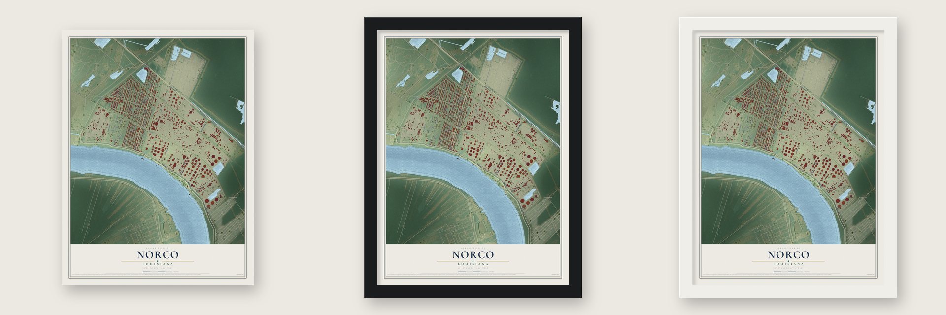 Norco, Louisiana map unframed, in a black wood frame and in a white wood frame