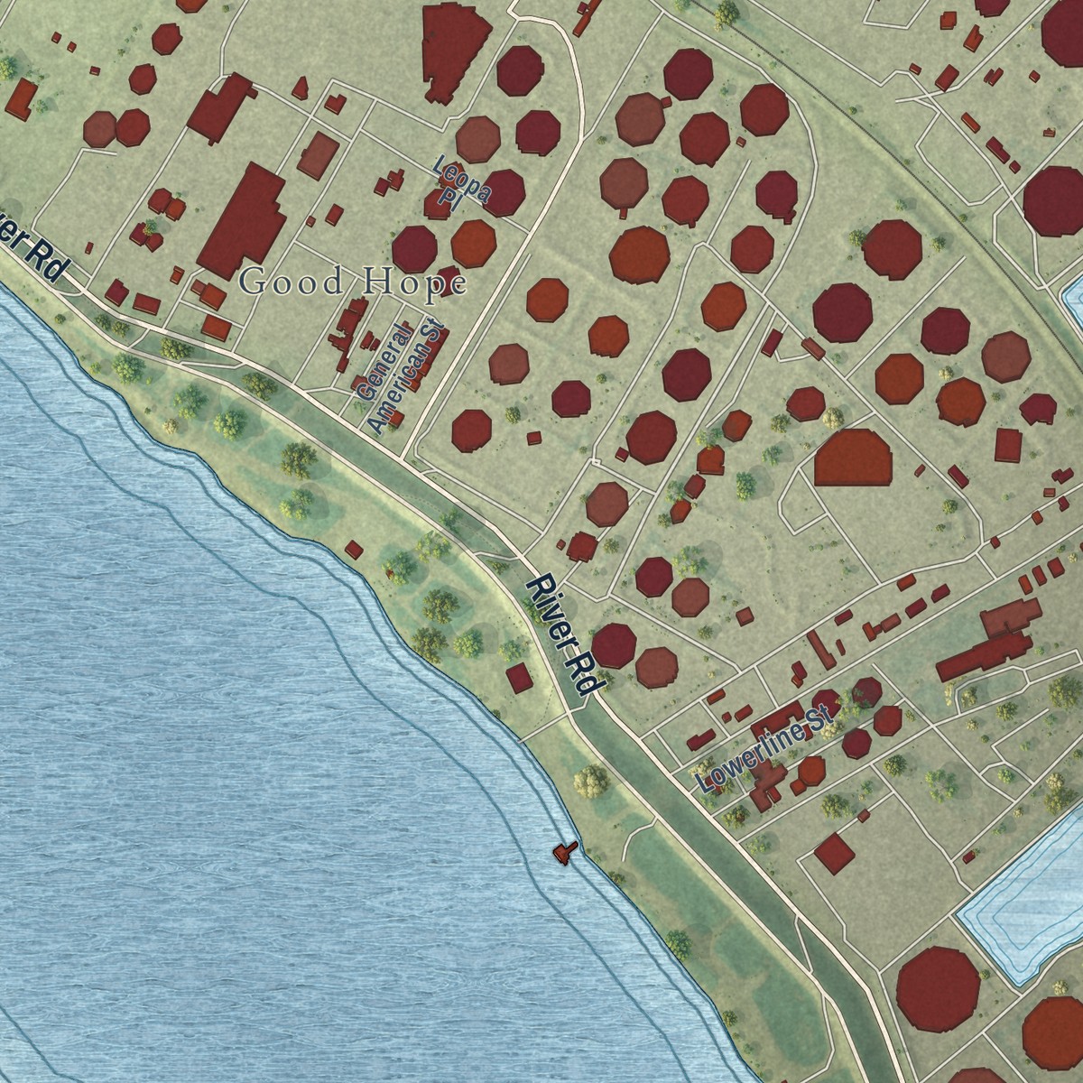 Second close-up of the map of Norco, Louisiana print showing more streets and buildings