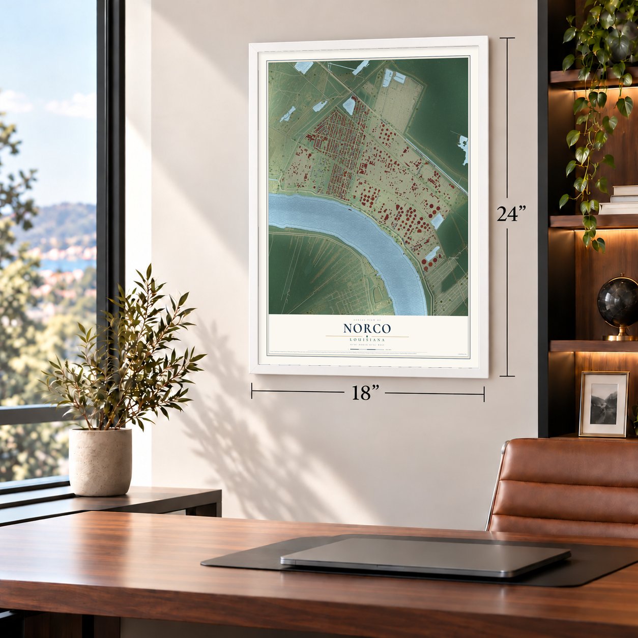 Norco, Louisiana map, 18 x 24 inch print in a white frame in a home office