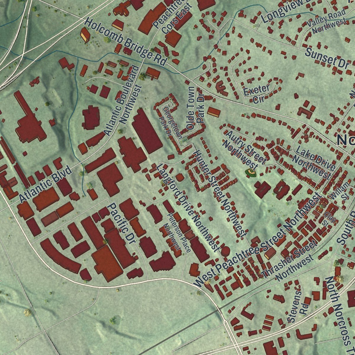 Second close-up of the map of Norcross, Georgia print showing more streets and buildings