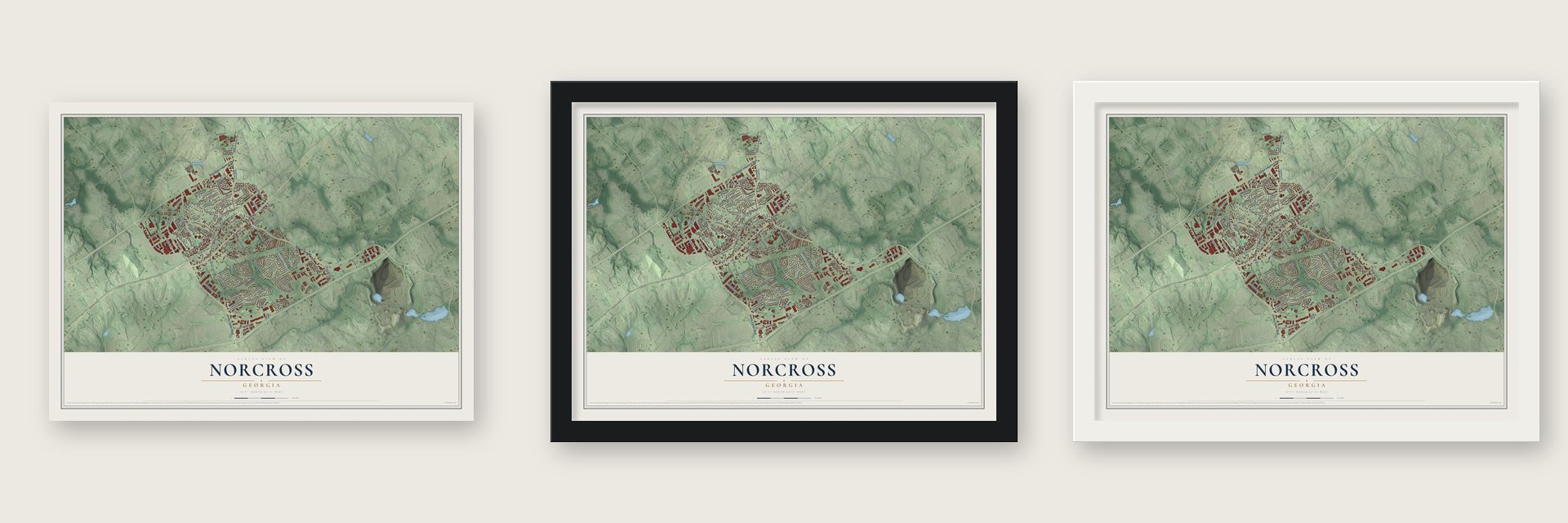 Norcross, Georgia map unframed, in a black wood frame and in a white wood frame