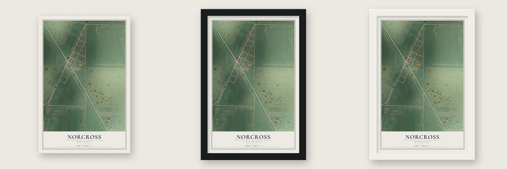 Norcross, Minnesota map unframed, in a black wood frame and in a white wood frame