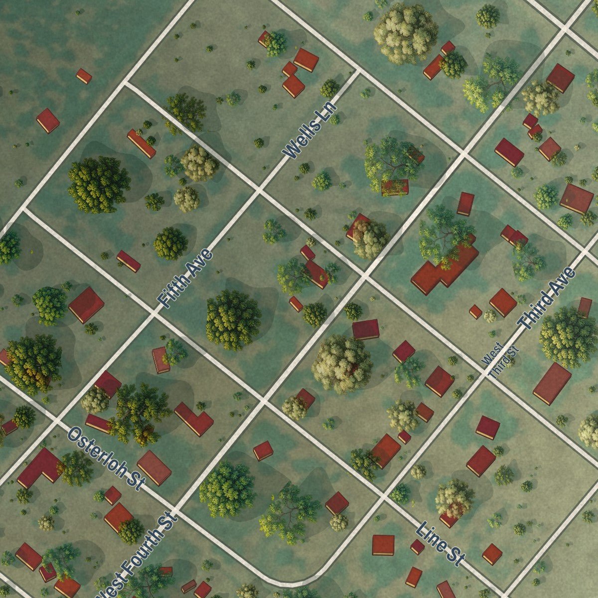 Second close-up of the map of Nordheim, Texas print showing more streets and buildings